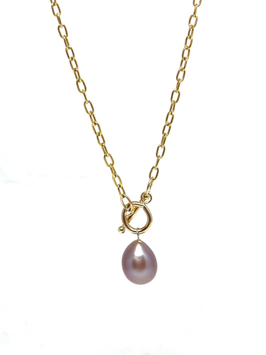 Natural pink baroque pearl, Chunky gold chain necklace