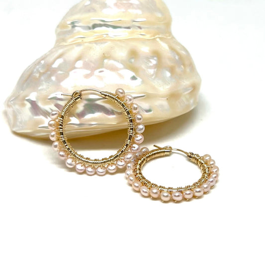 Pink pearl hoop earrings