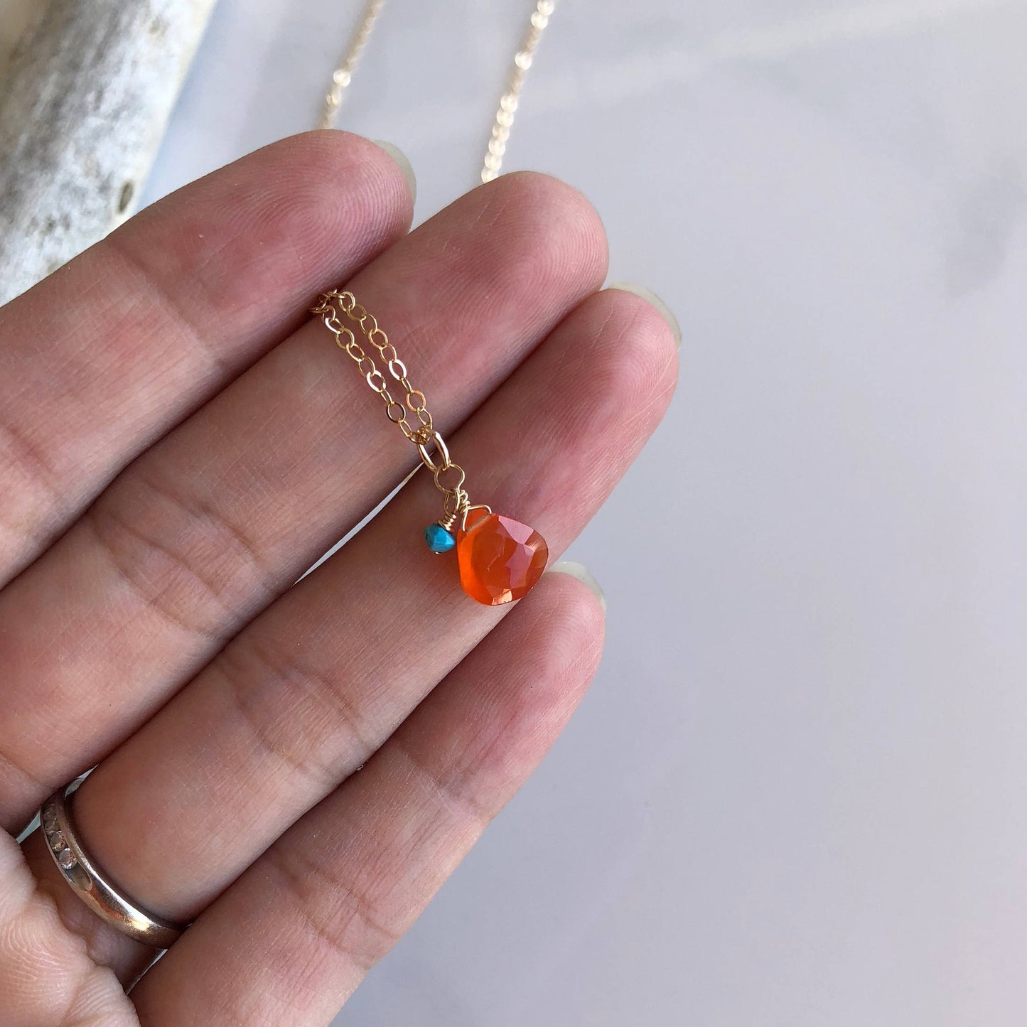 Dainty carnelian and turquoise pendant necklace