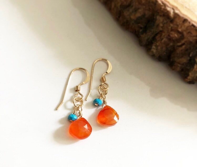 Carnelian turquoise earrings, orange blue gemstone jewelry, August birthstone, 14kgf gold hoops, handmade lucky healing power earring gift