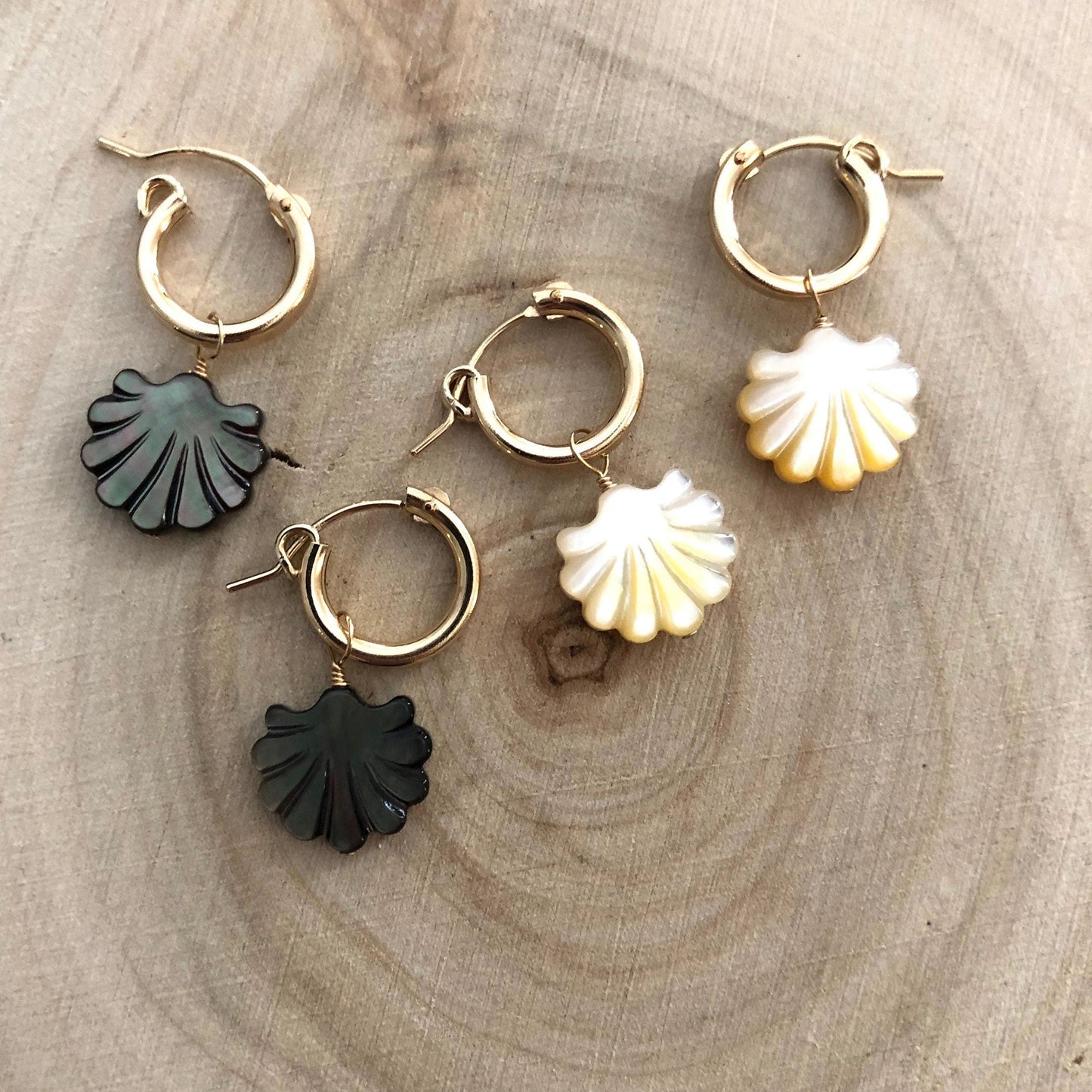 Tiny black shell hoop earrings