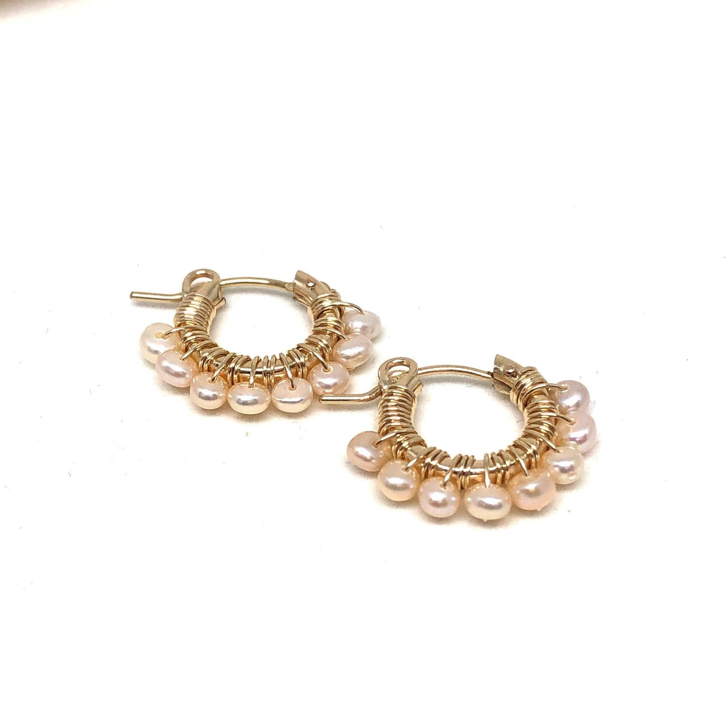 Dainty pink pearl gold hoop earrings