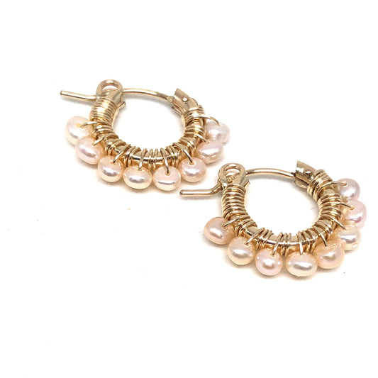 Dainty pink pearl gold hoop earrings
