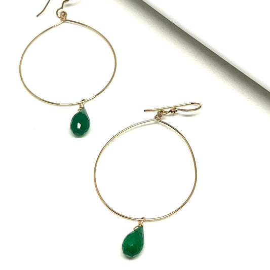 Green onyx teardrop hoop earrings